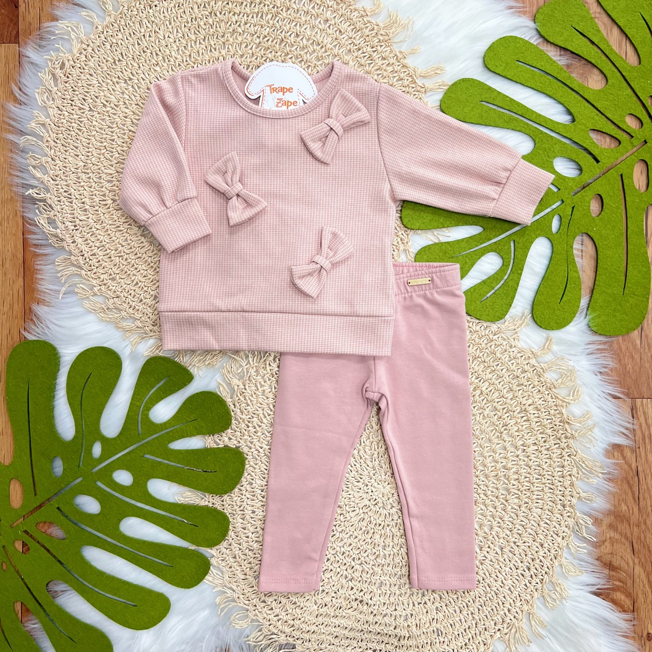 Conj. Blusa Manga Longa Pied-de-Poule Três Laços e Calça Legging - Rose